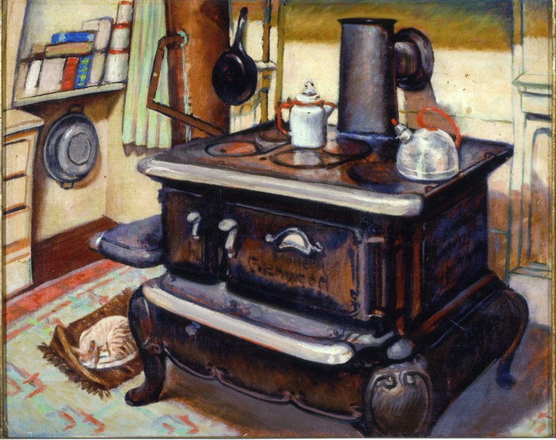Kitchen stove, Stufa da cucina con stoviglie, gatto che dorme (dipinto) di Albert Friscia (sec. XX)