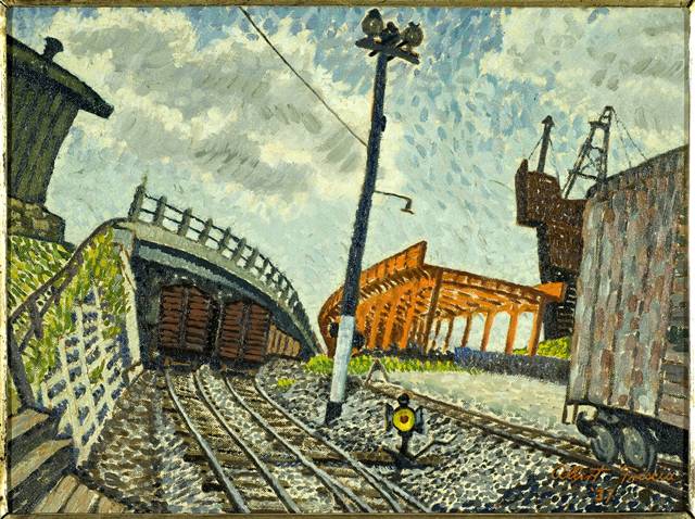 Riverside railroad yard, Binari a Riverside Drive (dipinto) di Albert Friscia (sec. XX)