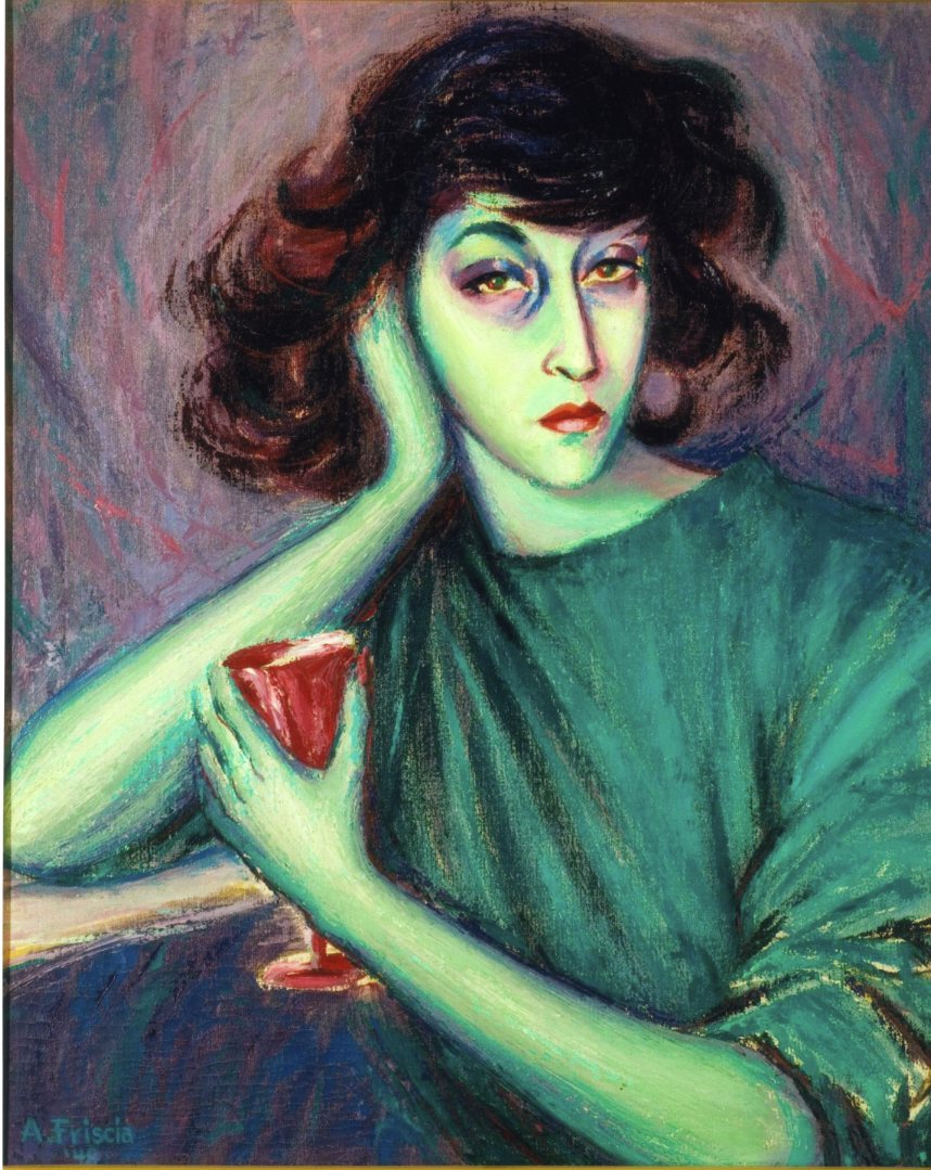 Bo Bo, Donna ritratta a mezzo busto con calice in mano (dipinto) di Albert Friscia (sec. XX)