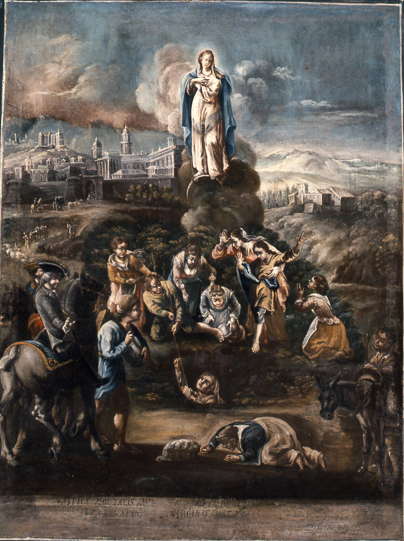 Una fanciulla di Melfi viene salvata per miracolo dalla Vergine Immacolata, miracolo della Madonna (dipinto) di Mazzucco F (attribuito) (sec. XVIII)