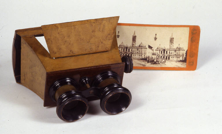 Stereoscopio Hermagis (visore stereoscopico, portatile, per vedute su carta e su lastra) di J. Fleury - Hermagis (sec. XIX)