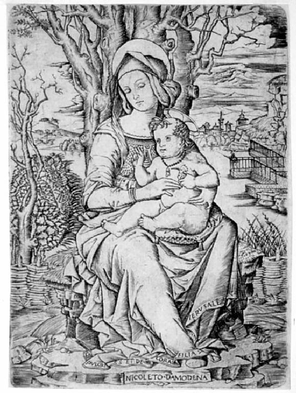 Madonna con Bambino in un paesaggio, Madonna con Bambino che tiene in mano un uccello (stampa) di Rosex Nicoletto da Modena, Rosex Nicoletto da Modena (sec. XVI)