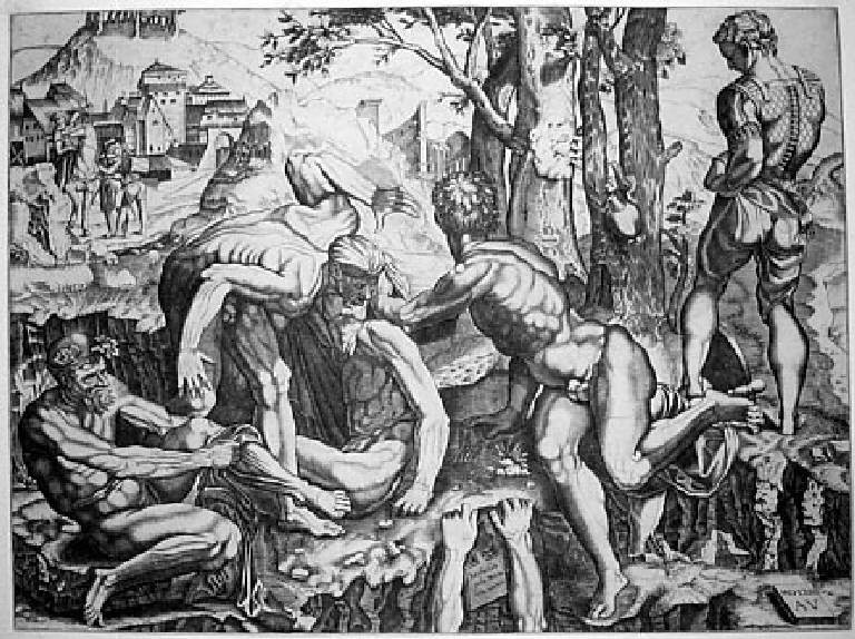 Gli arrampicatori, Arrampicatori (stampa) di Musi Agostino de, Buonarroti Michelangelo - scuola italiana (sec. XVI)