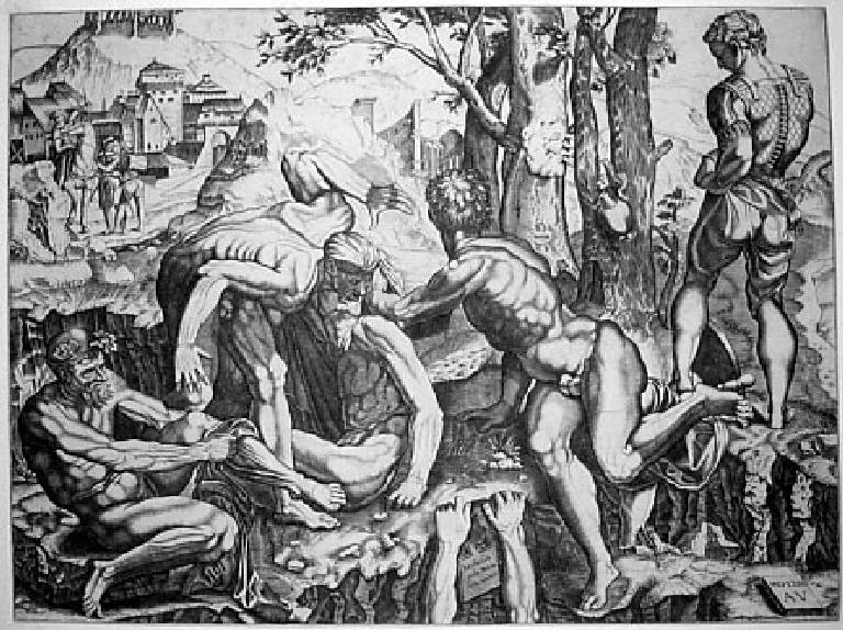 Gli arrampicatori, Arrampicatori (stampa) di Musi Agostino de, Buonarroti Michelangelo - scuola italiana (sec. XVI)