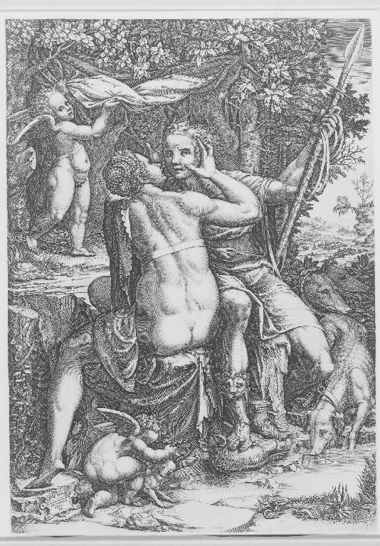 Venere e Adone, Venere e Adone (stampa smarginata) di Ghisi Giorgio, Ghisi Teodoro (terzo quarto sec. XVI)