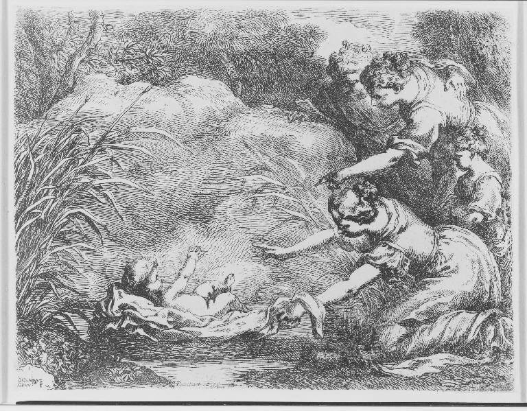 Mosé salvato dalle acque, Mosé salvato dalle acque (stampa tagliata) di Biscaino Bartolomeo, Biscaino Bartolomeo (sec. XVII)