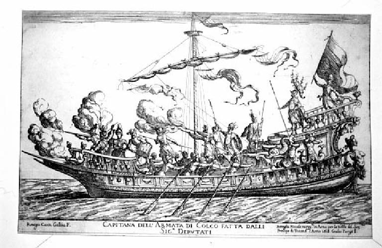 Battaglia navale rappresentata in occasione delle nozze del principe di Toscana (stampa smarginata) di Cantagallina Remigio, Parigi Giulio (prima metà sec. XVII)