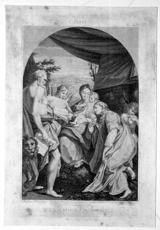 Madonna di san Girolamo, Madonna con Bambino e santi (stampa smarginata, elemento d'insieme) di Bovinet Edme, Bourdon Louise, Allegri Antonio detto Correggio, Devillier George (sec. XIX)