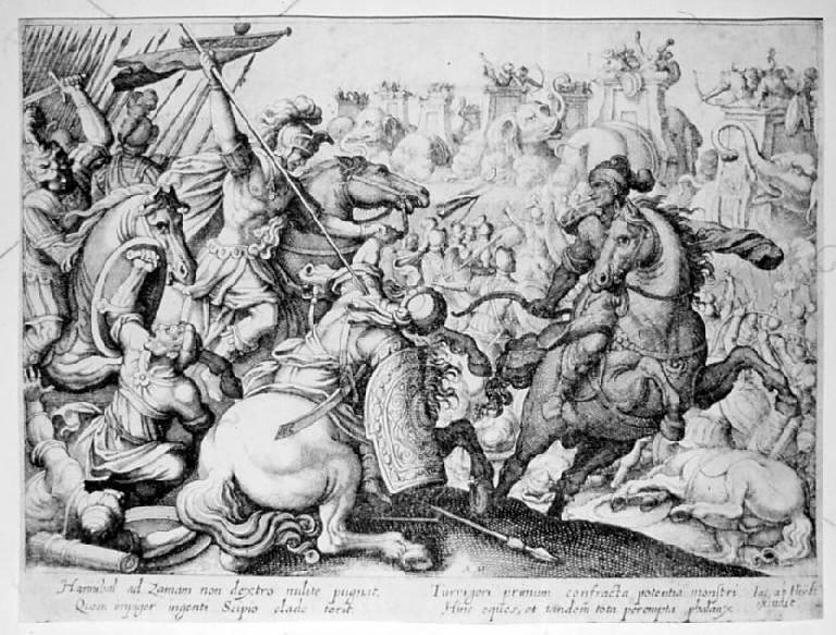 Battaglia di Zama, Scipione l'Africano e la battaglia di Zama (stampa smarginata, elemento d'insieme) di Merian Matthaus il Vecchio, Tempesta Antonio (prima metà sec. XVII)