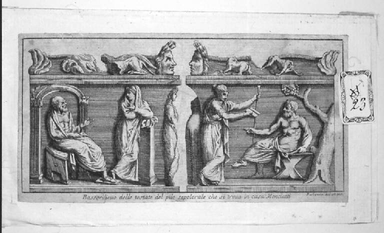 Bassorilievo delle testate del pilo sepolcrale che si trova in casa Monciatti (stampa smarginata) di Aquila Francesco Faraone, Aquila Francesco Faraone (prima metà sec. XVIII)