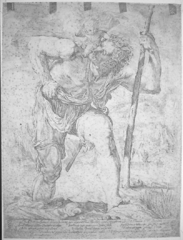 San Cristoforo, San Cristoforo guada il fiume con Gesù Bambino sulle spalle (stampa) di Borgianni Orazio, Borgianni Orazio (sec. XVII)