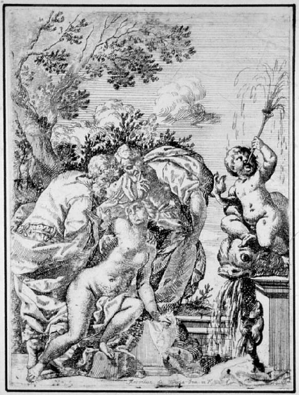 Susanna sorpresa al bagno, Susanna e i vecchioni (stampa smarginata) di Triva Antonio Domenico, Triva Antonio Domenico (seconda metà sec. XVII)
