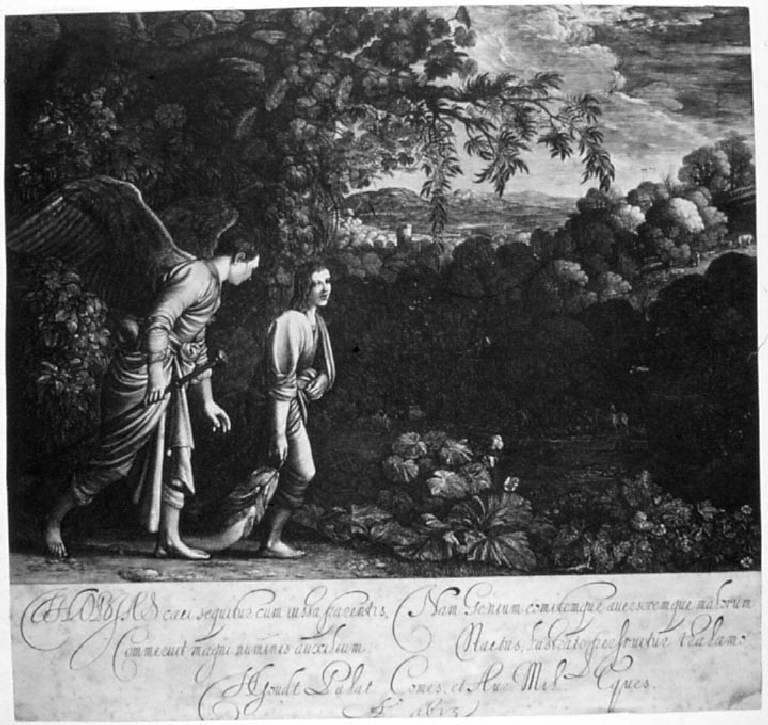 Grande Tobia, Tobia e san Raffaele arcangelo (stampa smarginata) di Goudt Hendrick Pfalzgraf, Elsheimer Adam (sec. XVII)