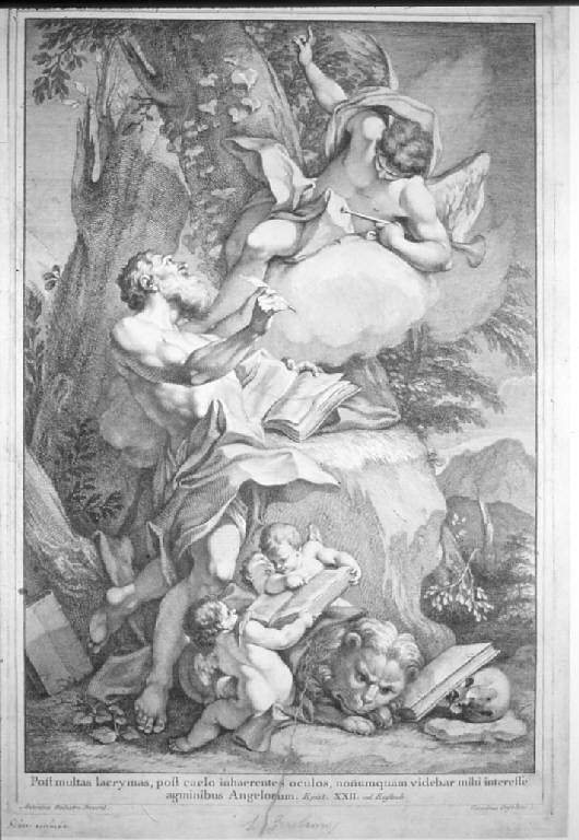 San Girolamo in meditazione, San Girolamo ha la visione degli angeli che suonano le trombe del giudizio (stampa) di Orsolini Carlo, Balestra Antonio (sec. XVII)