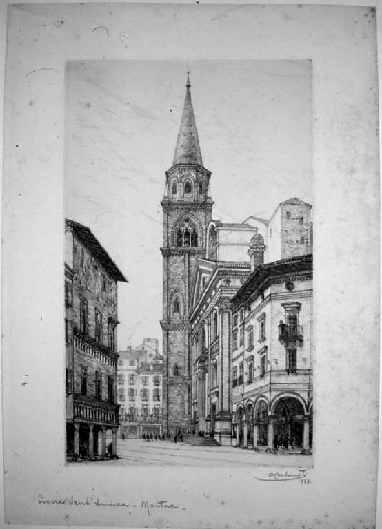 Veduta di Mantova: Piazza S. Andrea (stampa, elemento d'insieme) di Carbonati Antonio, Carbonati Antonio, Carbonati Antonio (sec. XX)