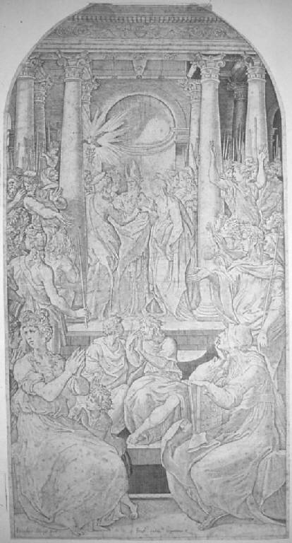 Lo sposalizio della Vergine, Sposalizio di Maria Vergine (stampa smarginata) di Caraglio Giacomo, Mazzola Francesco detto Parmigianino (sec. XVI)