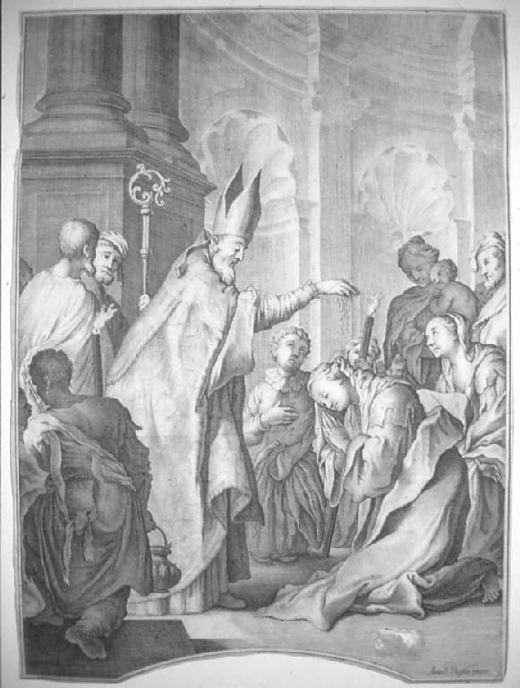 Vescovo che battezza una donna (stampa smarginata) di Rossetti Domenico, Paglia Antonio (sec. XVIII)