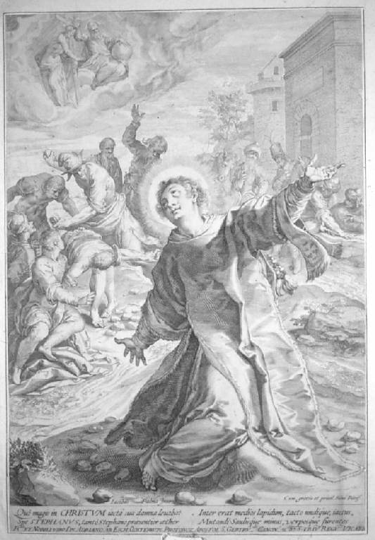 Lapidazione di santo Stefano (stampa smarginata) di Negretti Jacopo detto Palma il Giovane, Cort Cornelis - scuola veneta (secc. XVI/ XVII)