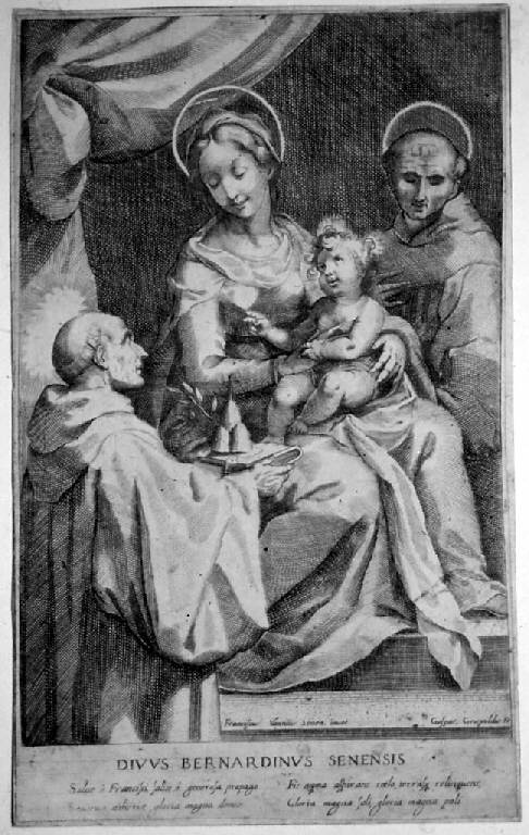 Madonna in trono con Bambino e san Francesco e san Bernardino da Siena (stampa smarginata) di Grispoldi Gaspare, Vanni Francesco (prima metà sec. XVII)