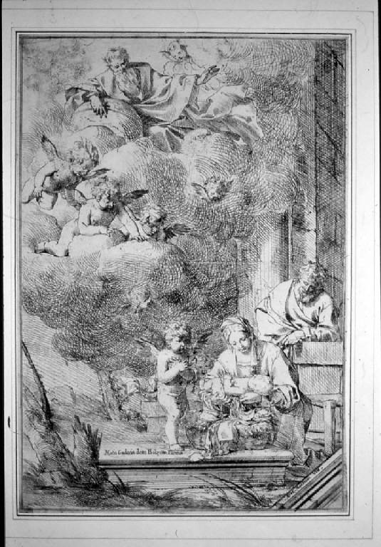 Sacra Famiglia con angeli (stampa smarginata) di Carpioni Giulio, Carpioni Giulio (sec. XVII)