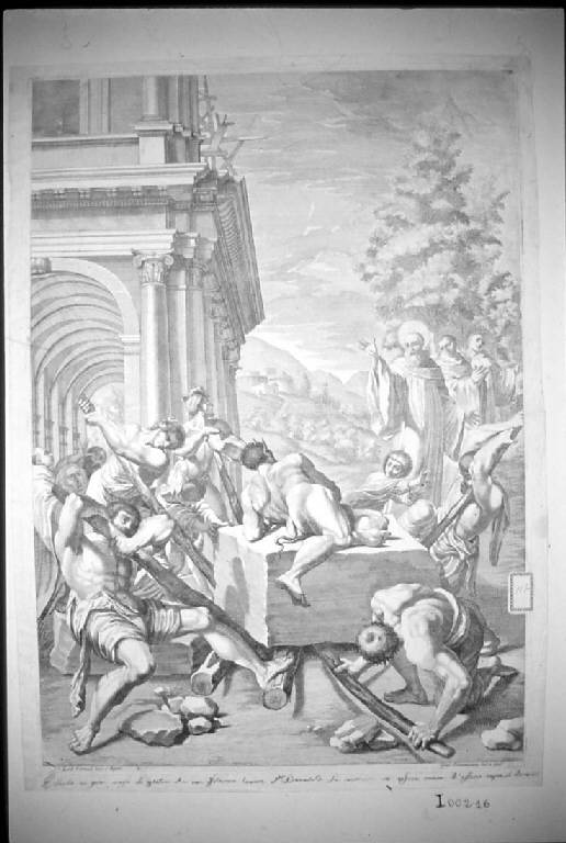 I muratori cercano invano di muovere una pietra resa immobile dal demonio, San Benedetto (stampa, elemento d'insieme) di Giovannini Giacomo Maria, Giovannini Giacomo Maria, Carracci Lodovico (ultimo quarto sec. XVII)