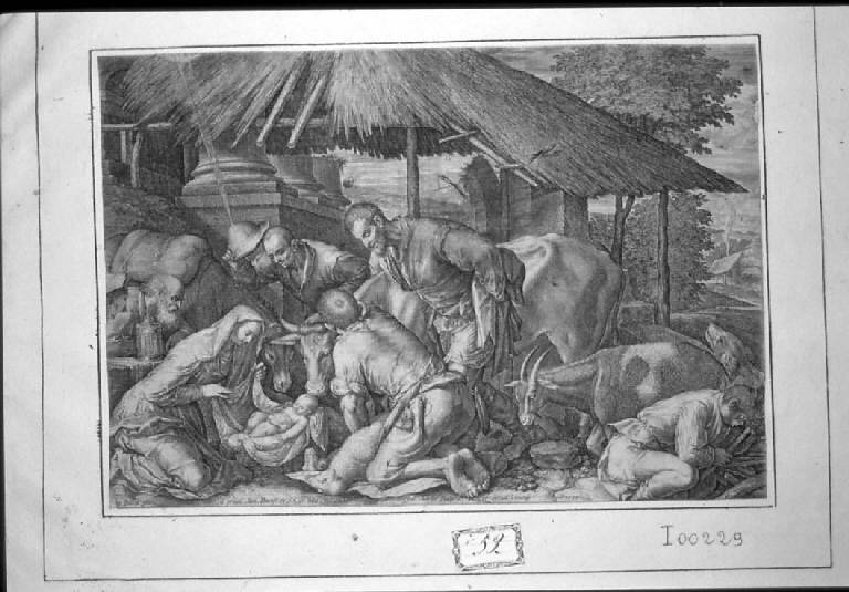 Adorazione dei pastori, Adorazione dei pastori (stampa smarginata) di Sadeler Jan il Vecchio, Da Ponte Jacopo detto Bassano Jacopo (sec. XVI)