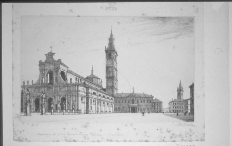 Veduta di San Benedetto Po (Mantova): Chiesa abbaziale di S. Benedetto in Polirone (stampa, elemento d'insieme) di Carbonati Antonio, Carbonati Antonio, Carbonati Antonio (sec. XX)