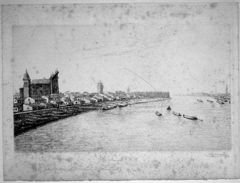 Veduta di Revere ed Ostiglia (Mantova): fiume Po (stampa, elemento d'insieme) di Carbonati Antonio, Carbonati Antonio, Carbonati Antonio (sec. XX)