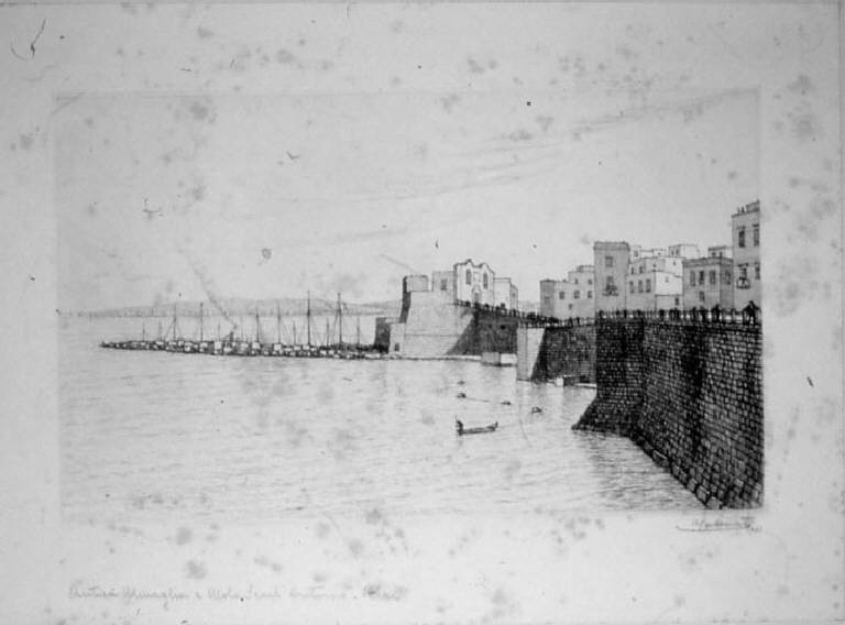 Veduta di Bari: antica muraglia e molo S. Antonio (stampa, elemento d'insieme) di Carbonati Antonio, Carbonati Antonio, Carbonati Antonio (sec. XX)