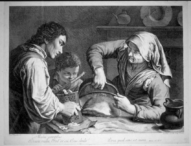 Contadini al desco con polenta e formaggio (stampa) di Cavalli Nicolò, Maggiotto Francesco (secc. XVIII/ XIX)
