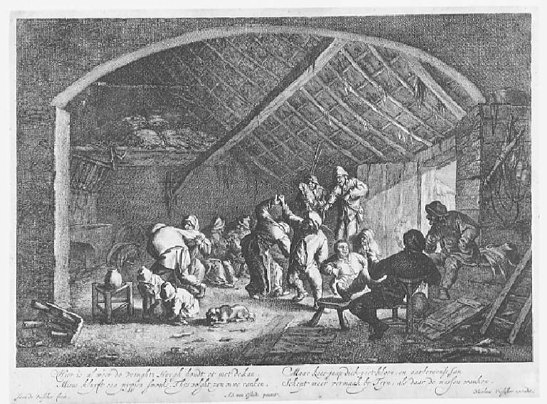 Ballo di contadini in una catapecchia, Interno con ballo di contadini (stampa smarginata) di Visscher Jan de, Ostade Adriaen van (sec. XVII)