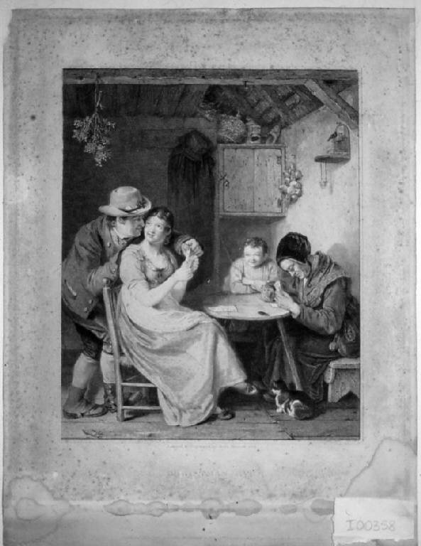 Interno con famiglia che gioca a carte (stampa smarginata) di Burnet John, Burnet John (sec. XIX)