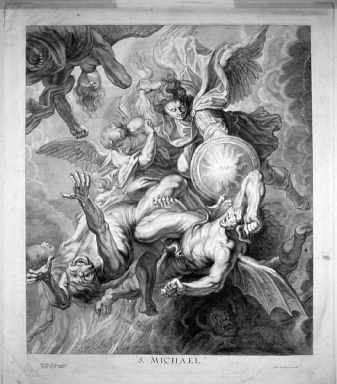 San Michele. La caduta degli angeli ribelli, San Michele arcangelo scaccia gli angeli ribelli dal Paradiso (stampa) di Neefs Jacobus, Rubens Pieter Paul (sec. XVII)