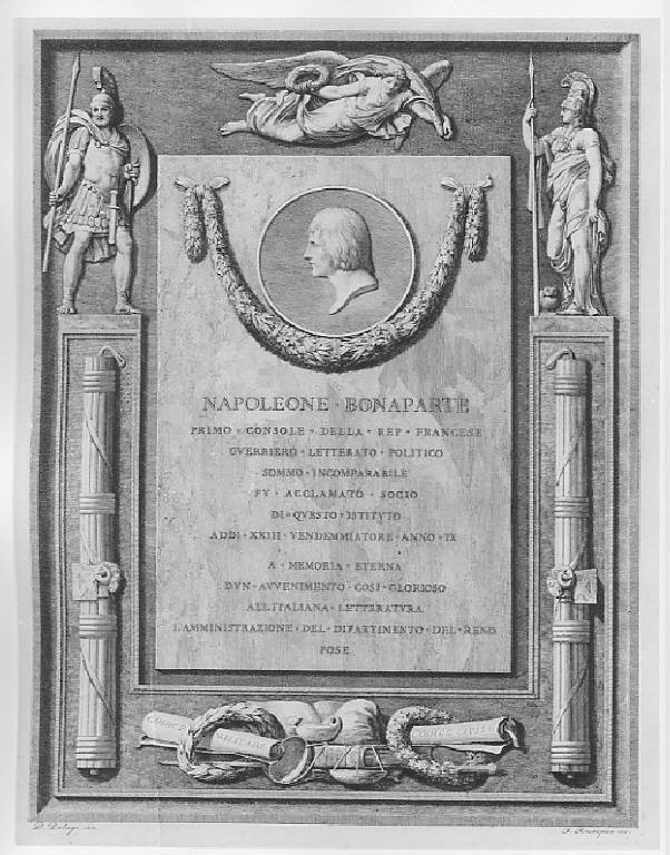 Lapide dedicata a Napoleone primo console, Lapide dedicata a Napoleone primo console (stampa) di Rosaspina Francesco, Palagi Pelagio (sec. XIX)