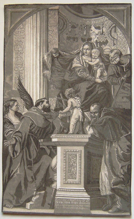 Sacra Famiglia e quattro santi, Sacra Famiglia con santi (stampa) di Jackson John Baptist, Caliari Paolo detto Veronese (sec. XVIII)
