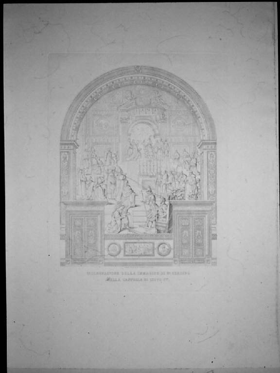 Cappella di Sisto IV a Roma: affresco con l'incoronazione dell'immagine di Maria (stampa, elemento d'insieme) di Podesti Francesco (sec. XIX)