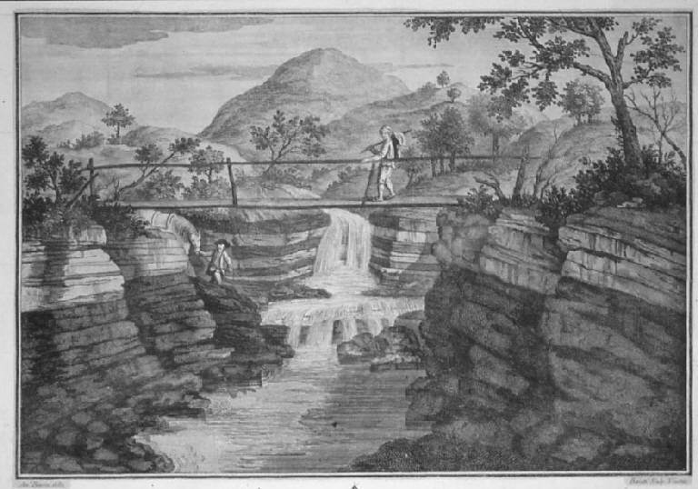 Paesaggio con torrente incassato ed alto ponte (stampa smarginata) di Baratti Antonio, Biasini Antonio (sec. XVIII)