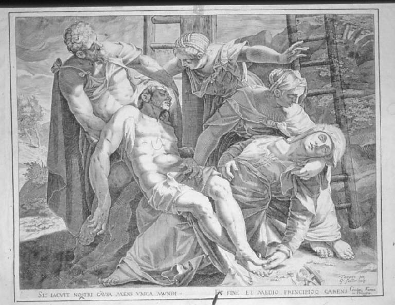 Deposizione di Cristo dalla croce (stampa smarginata) di Sadeler Aegidius II, Robusti Jacopo detto Tintoretto (sec. XVII)