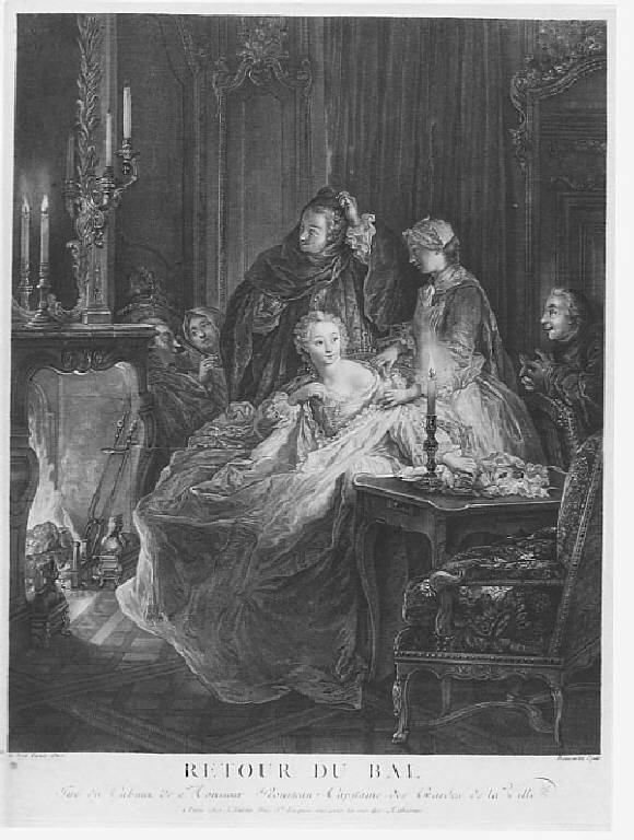 Interno nobiliare con dame, gentiluomini e servitù (stampa) di Beauvarlet Jacques Firmin, Troy Jean Francois de (seconda metà sec. XVIII)