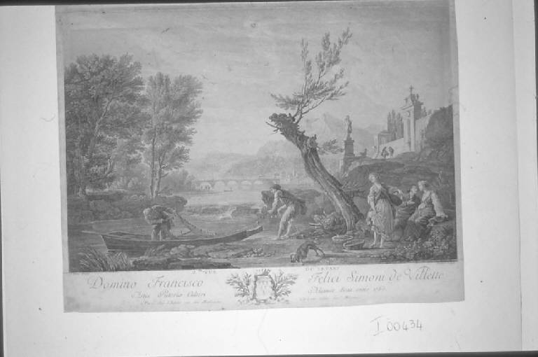 Paesaggio fluviale con pescatori e contadine (stampa smarginata) di Aliamet Jean Jacques, Vernet Claude Joseph (sec. XVIII)