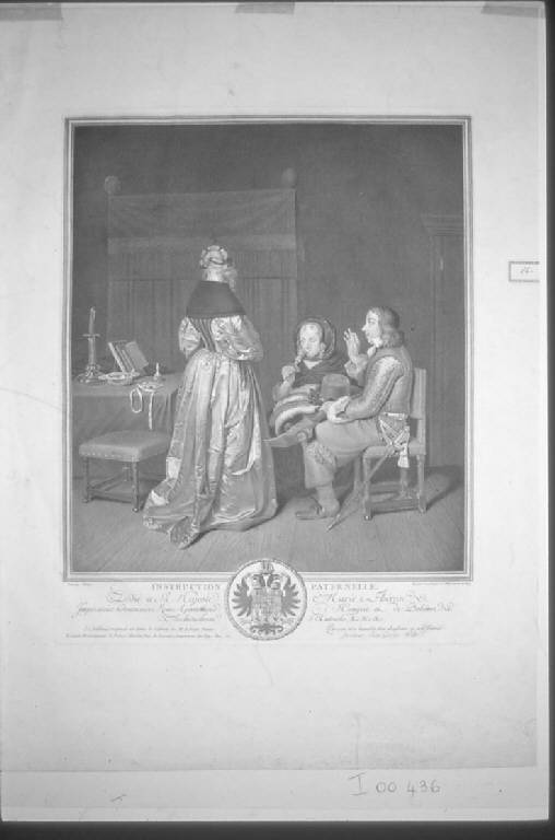 L'istruzione paterna, Interno con scena famigliare (stampa) di Wille Johann Georg, Terborch Gerard (sec. XVIII)