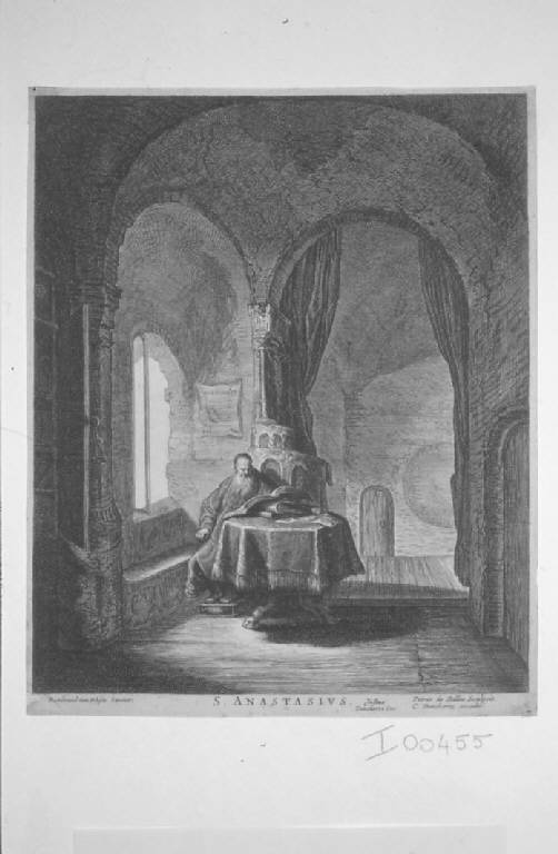 Sant'Anastasio nello studio (stampa smarginata) di Bailliu Pieter de il Vecchio, Rembrandt (maniera) (prima metà sec. XVII)