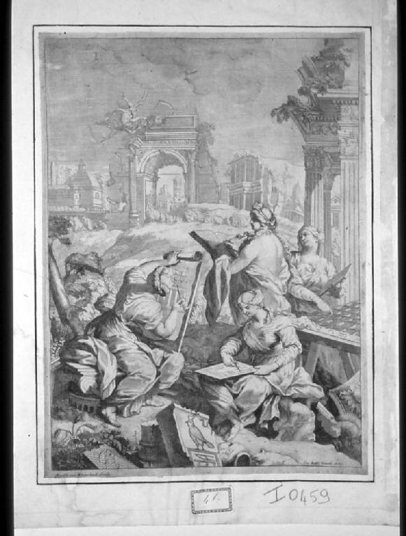 Muse che conservano gli antichi edifici che il Tempo distrugge (stampa) di Westerhout Arnold van, Lenardi Giovanni Battista - scuola italiana (secc. XVII/ XVIII)