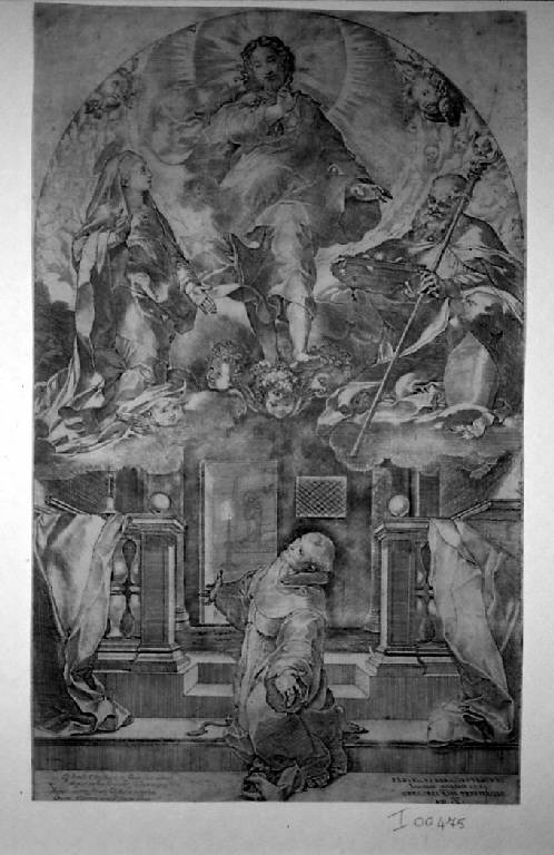 Il Perdono di Assisi, Madonna e san Nicola di Bari appaiono a san Francesco d'Assisi (stampa smarginata) di Barocci Federico, Barocci Federico (sec. XVI)