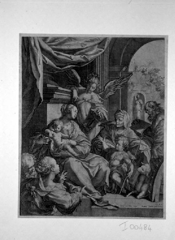 Madonna con Bambino e santi (stampa smarginata) di Sadeler Raphael il Vecchio, Hachen Hans von (sec. XVI)