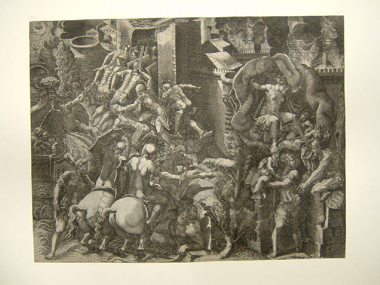 La caduta di Troia, Caduta di Troia (stampa smarginata) di Scultori Giovanni Battista, Scultori Giovanni Battista (sec. XVI)
