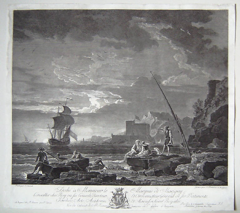 La calma, Marina con pescatori e barche (stampa smarginata) di Balechou Jean Joseph, Vernet Claude Joseph (sec. XVIII)