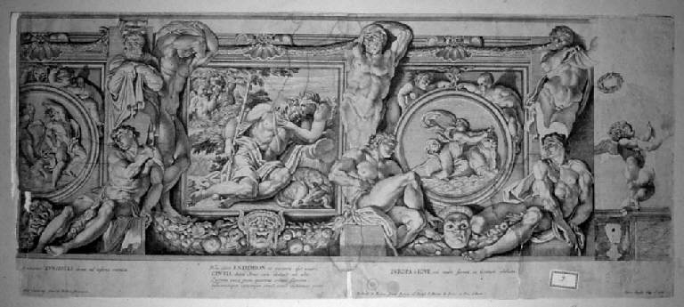 Veduta della parete con Diana ed Endimione, Diana ed Endimione (stampa smarginata, elemento d'insieme) di Aquila Pietro, Aquila Pietro, Carracci Annibale (sec. XVII)