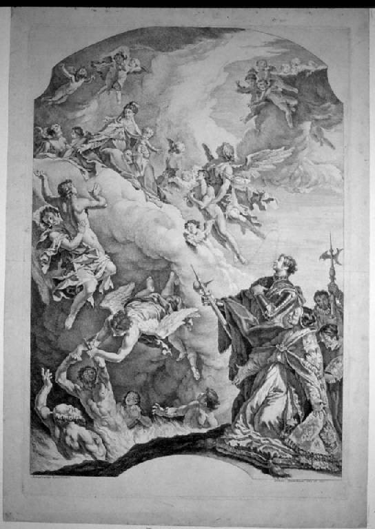 Apparizione della Madonna a san Gregorio e liberazione di alcune anime del Purgatorio (stampa) di Fontebasso Francesco, Fontebasso Francesco, Ricci Sebastiano (sec. XVIII)