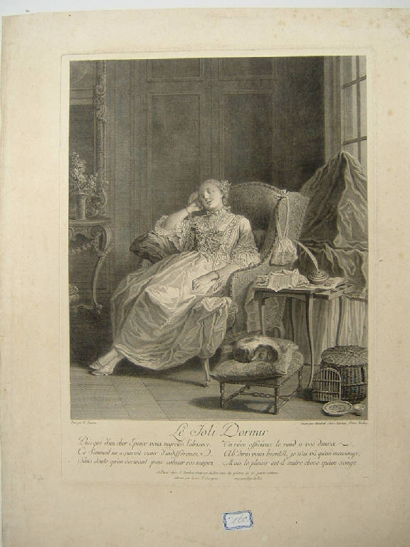 Il dolce dormire, Interno con dama addormentata (stampa) di Tardieu Elisabeth Claire, Jeaurat F (sec. XVIII)